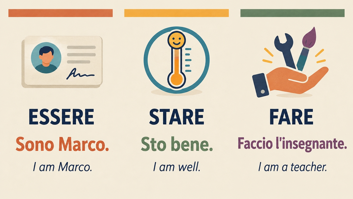 Three cards contrasting essere (sono Marco), stare (sto bene) and fare (faccio l'insegnante).