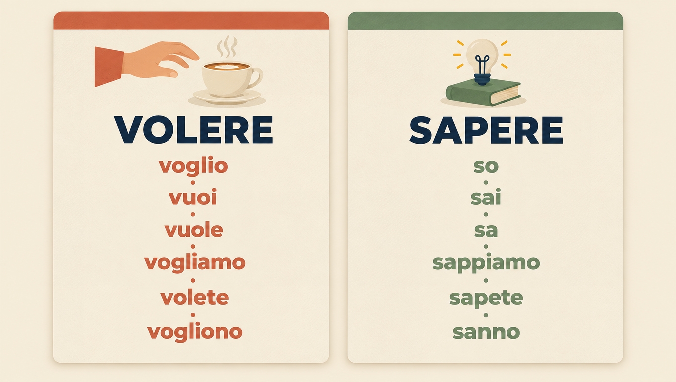 Flashcards with the present-tense conjugations of volere and sapere.