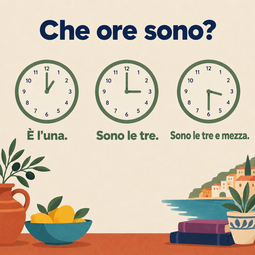 Clocks showing è l'una, sono le tre and sono le tre e mezza.