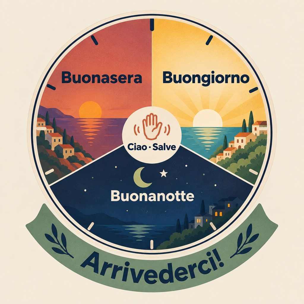 Greeting clock with buongiorno at sunrise, buonasera at sunset and buonanotte at night, plus ciao, salve and arrivederci.