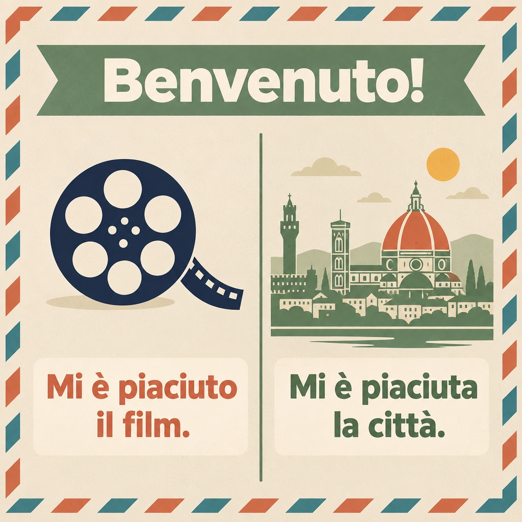 Retro travel-poster panels showing agreement after piacere in the past: mi è piaciuto il film and mi è piaciuta la città.
