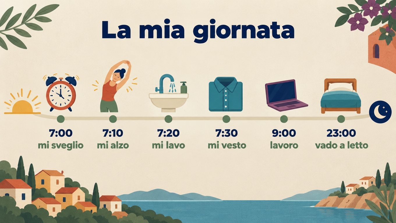 Timeline of a typical Italian day from mi sveglio at 7:00 to vado a letto at 23:00.