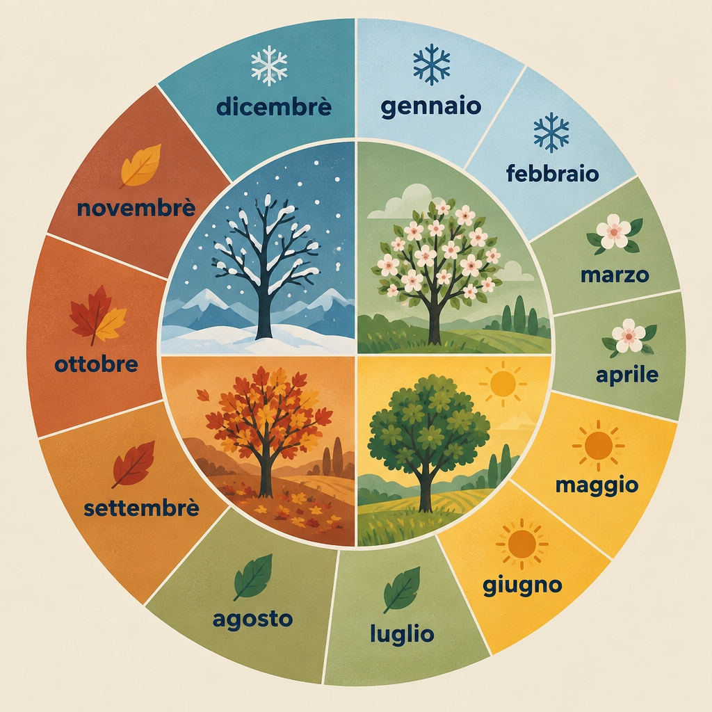 Wheel of the twelve months in Italian with the four seasons in the centre.