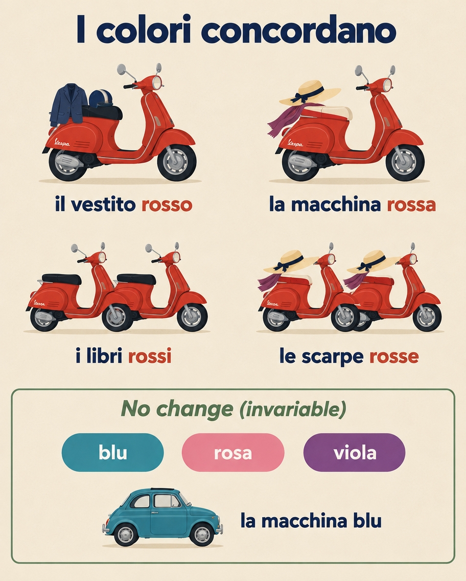 Red Vespas illustrating agreement — il vestito rosso, la macchina rossa, i libri rossi, le scarpe rosse — plus the invariable colours blu, rosa and viola.