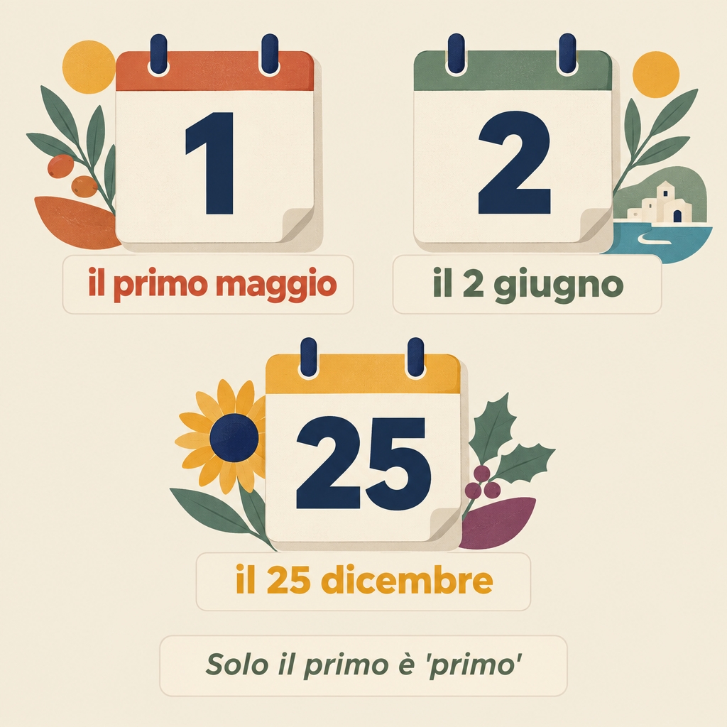Calendar pages showing il primo maggio but il 2 giugno and il 25 dicembre — only the first of the month is primo.