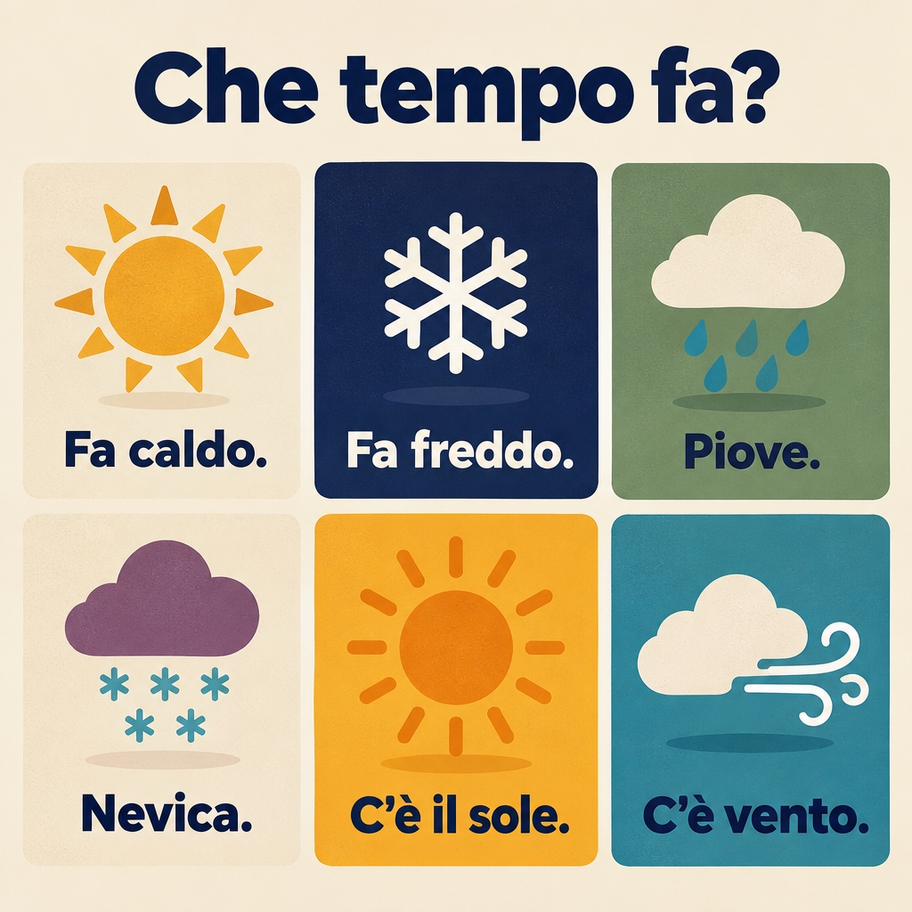Weather tiles answering che tempo fa: fa caldo, fa freddo, piove, nevica, c'è il sole, c'è vento.