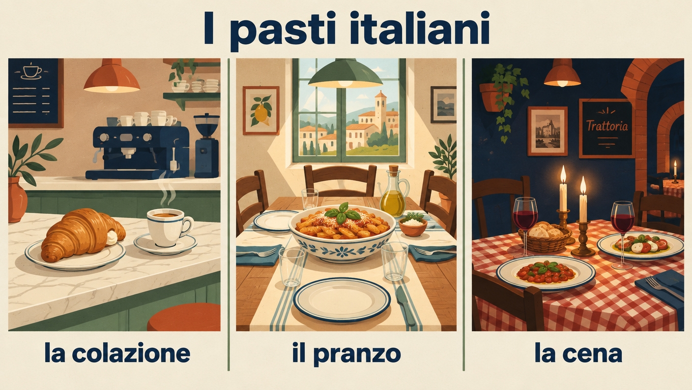 Triptych of the Italian meals: la colazione at the bar, il pranzo by a sunny window and la cena at a candlelit trattoria.