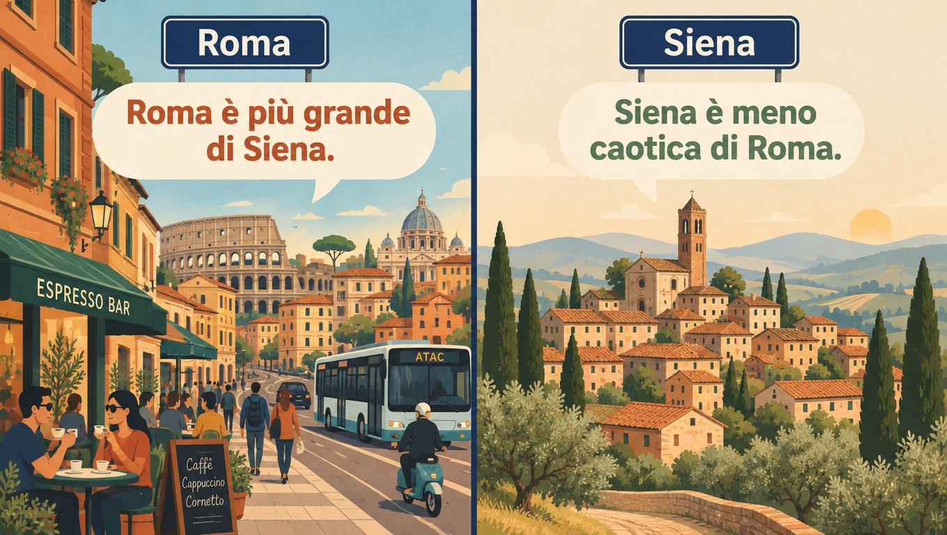 Split scene comparing Rome and Siena: Roma è più grande di Siena and Siena è meno caotica di Roma.