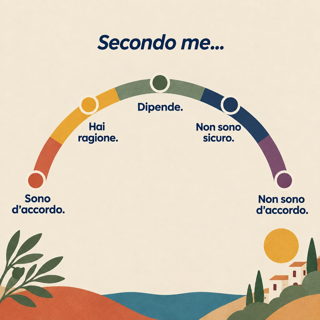 Opinion scale from sono d'accordo and hai ragione through dipende to non sono d'accordo.