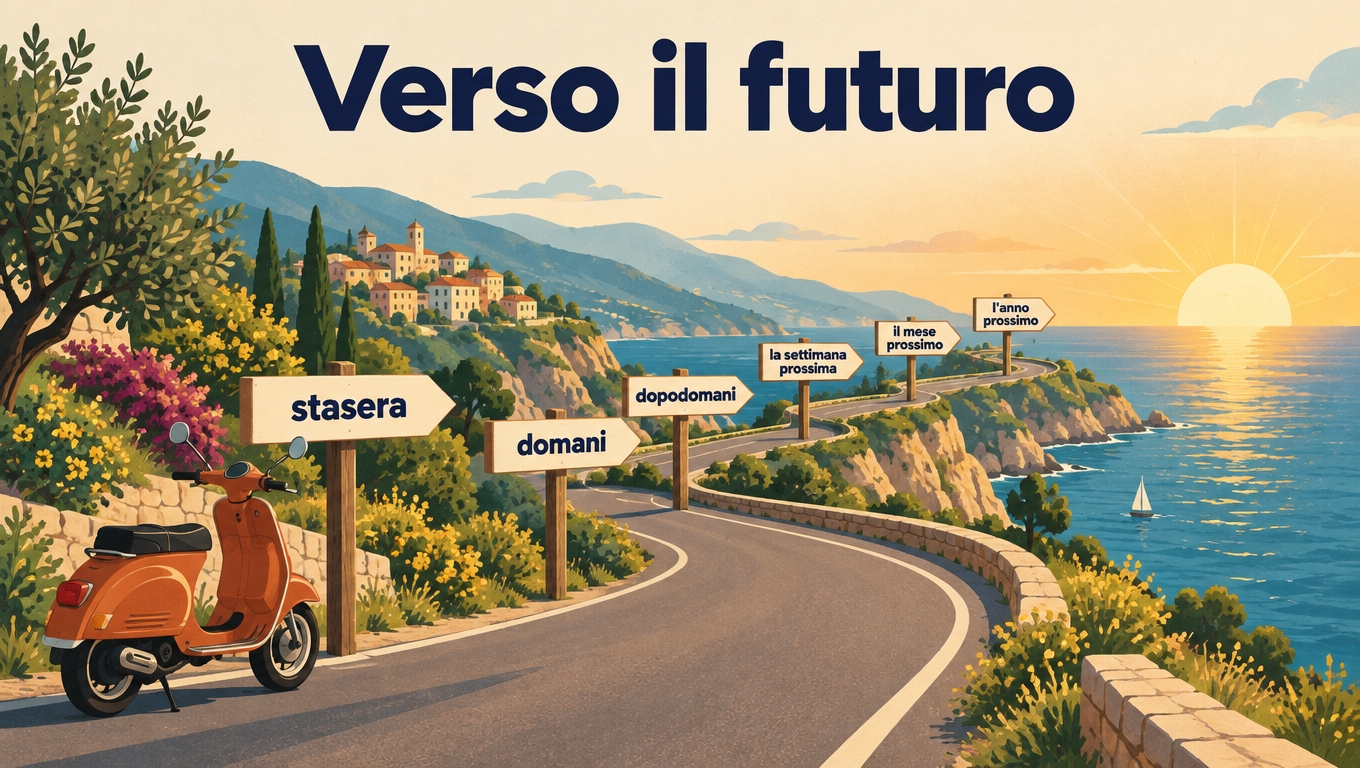 Coastal road at sunset with signposts pointing to stasera, domani, dopodomani, la settimana prossima, il mese prossimo and l'anno prossimo.