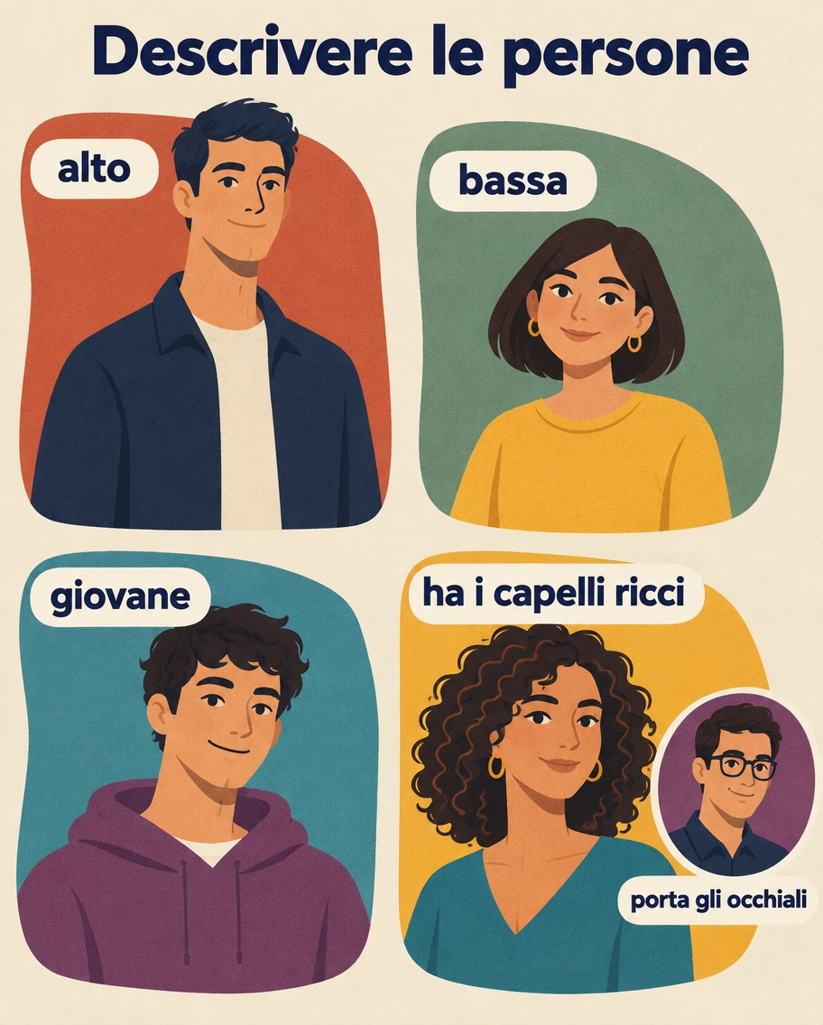Portraits illustrating descriptions: alto, bassa, giovane and ha i capelli ricci.