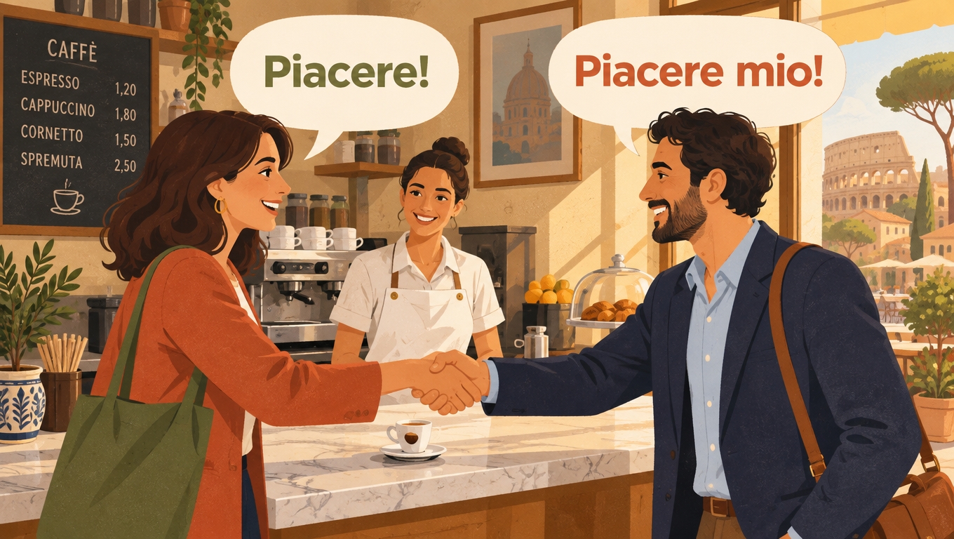 Two people shaking hands in a Roman café with the exchange Piacere! — Piacere mio!