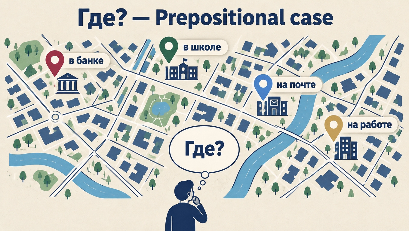 Map of a Russian city district with location pins reading «в банке», «в школе», «на почте» and «на работе», and a thinker asking «Где?» under the heading «Где? — Prepositional case».