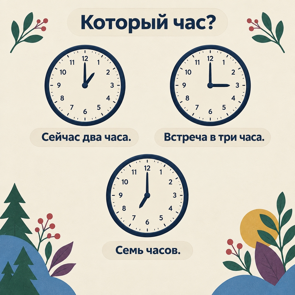 Three clock faces under the heading «Который час?» with the answers «Сейчас два часа», «Встреча в три часа» and «Семь часов».