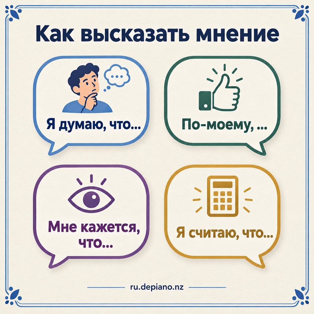 Four speech bubbles under «Как высказать мнение», each with an icon and an opinion frame: «Я думаю, что…», «По-моему, …», «Мне кажется, что…» and «Я считаю, что…»
