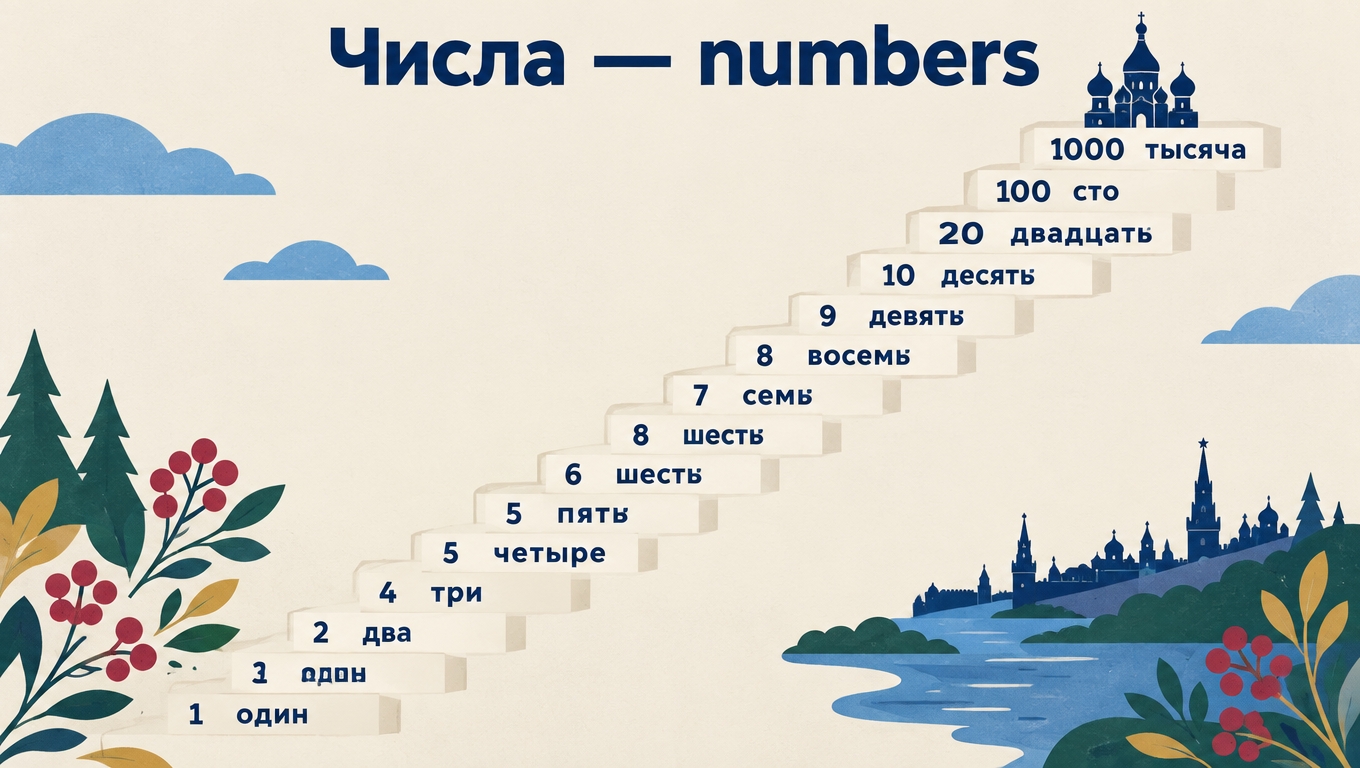 A staircase climbing from «1 один» through «два, три, четыре, пять, шесть, семь, восемь, девять, десять» to «20 двадцать», «100 сто» and «1000 тысяча», under the heading «Числа — numbers».