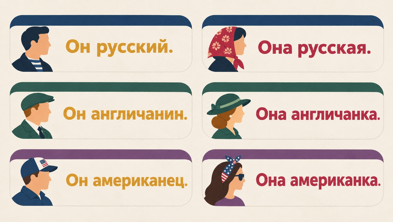 Six cards pairing a man's and a woman's profile with the matching nationality words: «Он русский — Она русская», «Он англичанин — Она англичанка», «Он американец — Она американка».