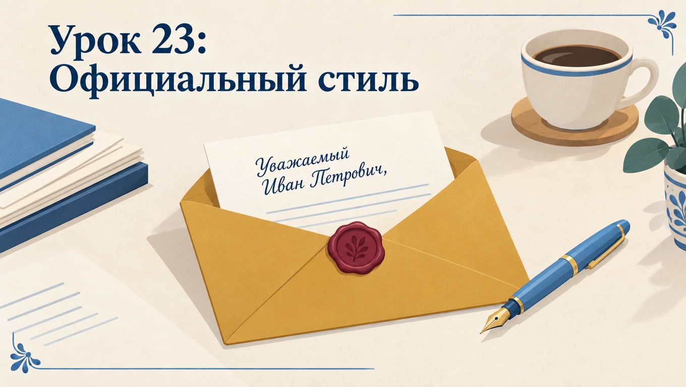 An opened envelope holding a formal letter addressed «Уважаемый Иван Петрович,» beside a pen, a coffee cup and a stack of folders, under the heading «Урок 23: Официальный стиль».