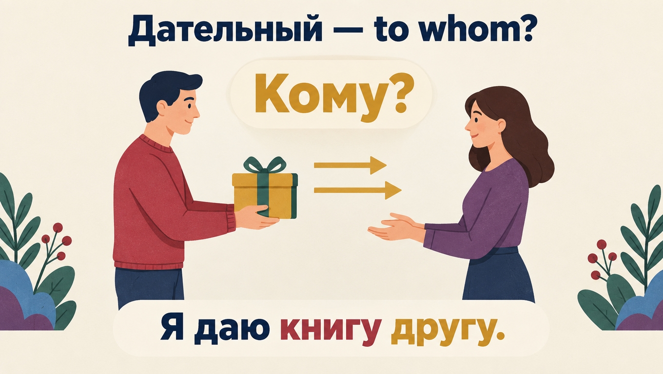 A man handing a wrapped gift to a woman, with arrows pointing at her and the question «Кому?» above the sentence «Я даю книгу другу» under the heading «Дательный — to whom?».