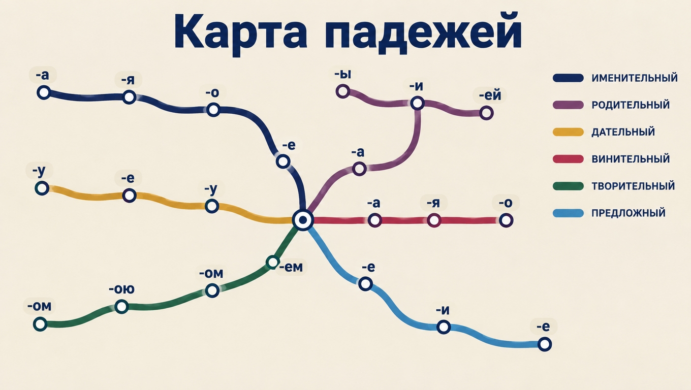 The six Russian cases drawn as a metro map: coloured lines for «именительный, родительный, дательный, винительный, творительный, предложный» meeting at one central station, each stop marked with the ending it adds.