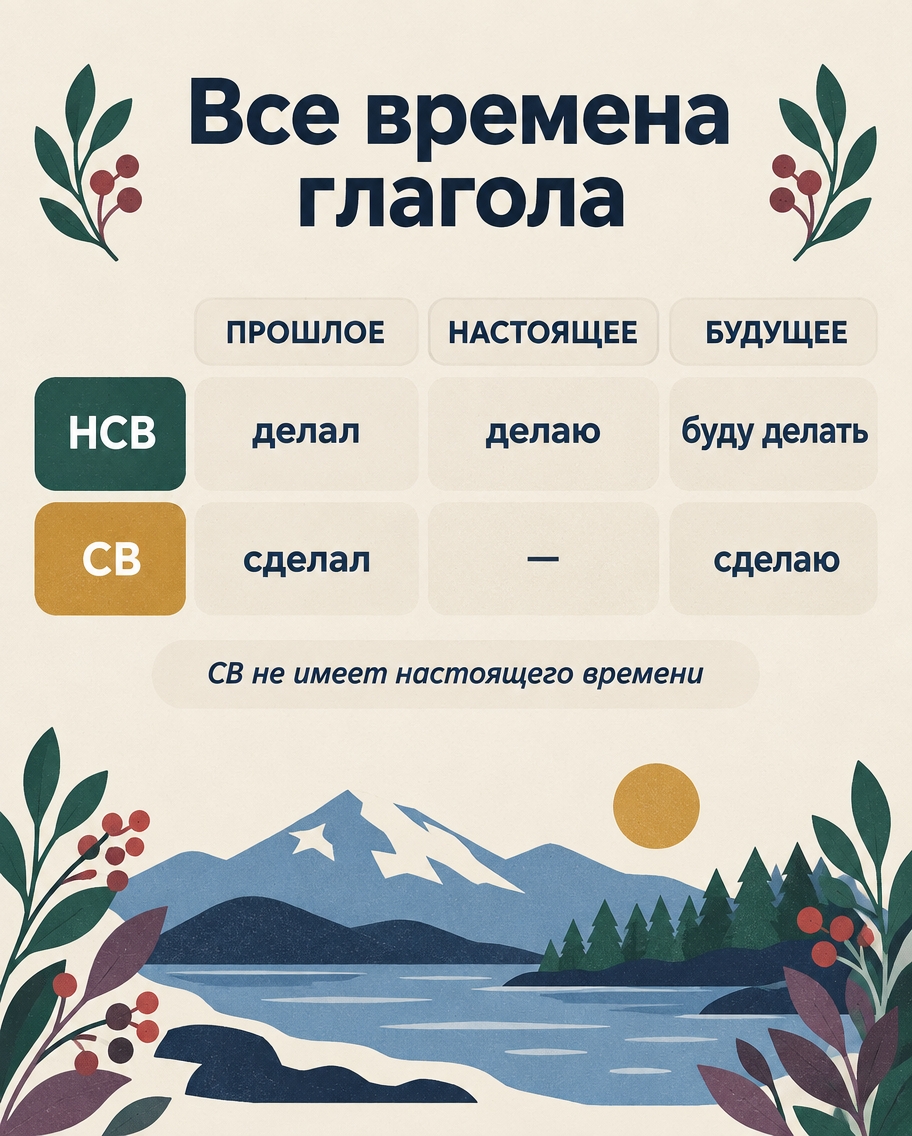 The complete verb grid «Все времена глагола»: rows «НСВ» and «СВ» against the columns «ПРОШЛОЕ, НАСТОЯЩЕЕ, БУДУЩЕЕ» holding делал / делаю / буду делать and сделал / — / сделаю, with the note «СВ не имеет настоящего времени».