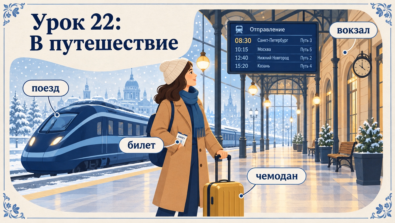 A woman with a suitcase on a snowy station platform under a departure board, with labels for «поезд», «билет» and «чемодан» and the heading «Урок 22: В путешествие».