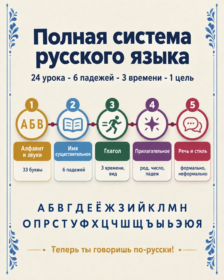 Course map «Полная система русского языка — 24 урока · 6 падежей · 3 времени · 1 цель»: five linked stations «Алфавит и звуки», «Имя существительное», «Глагол», «Прилагательное» and «Речь и стиль» above the full Cyrillic alphabet and the line «Теперь ты говоришь по-русски!»