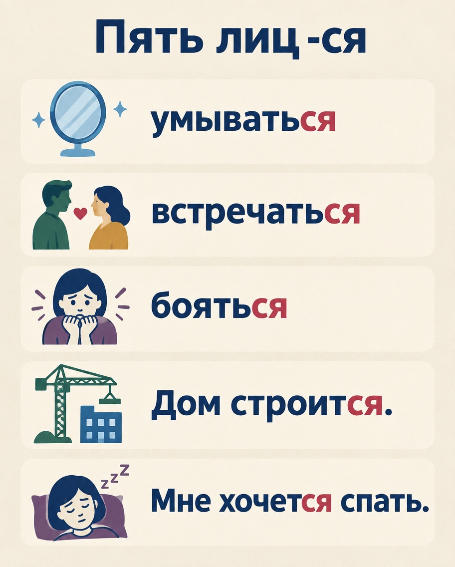 Five rows under «Пять лиц -ся», each with an icon and the -ся ending in colour: «умываться» at a mirror, «встречаться» for two people, «бояться» for a frightened woman, «Дом строится» at a building site and «Мне хочется спать» beside a sleeping figure.